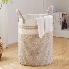 Panier à linge haut en corde de coton tressée naturelle, fait main, avec un tissage résistant à la moisissure et des poignées souples et