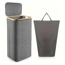 Panier à linge avec couvercle, facile à transporter, autoportant, avec poignées en bambou et sac intérieur amovible, pliable et facile à ranger.