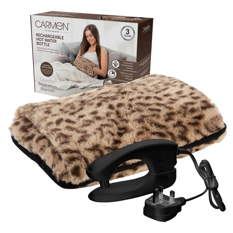 Carmen Rechargeable Hot Water Bottle Leopard Faux Fur Cover Auto Temperature