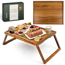 Bed Tray Table with Foldable Magnetic Legs, Rustic Acacia Wood Laptop Bed Desk with Grip Handles