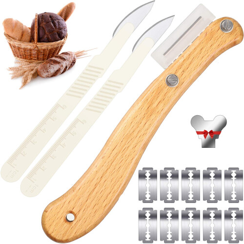 Bread Lame Dough Scoring Knife with Wooden Handle, 10 Replaceable Blades and Protective Covers