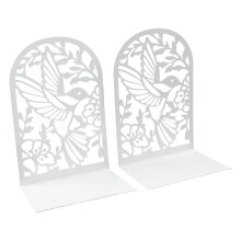 2Pcs Book Ends for Shelves Hollowed Bird Flower Metal-White