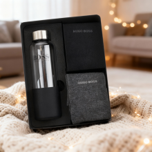 HUGO BOSS MENS GIFT SET 2 PAIR SOCKS & GLASS WATER BOTTLE, GYM BOTTLE, XMAS GIFT