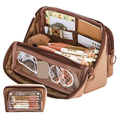 Multi Layered Pencil Case with Handle High-Coffee color