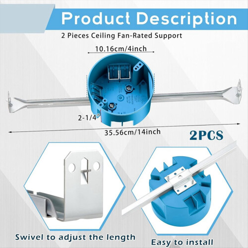 Conjunto de 2 suportes para ventilador de teto, caixa elétrica ajustável de 14,25 a 22,5 polegadas e barra de suporte para ventilador, azul. 2