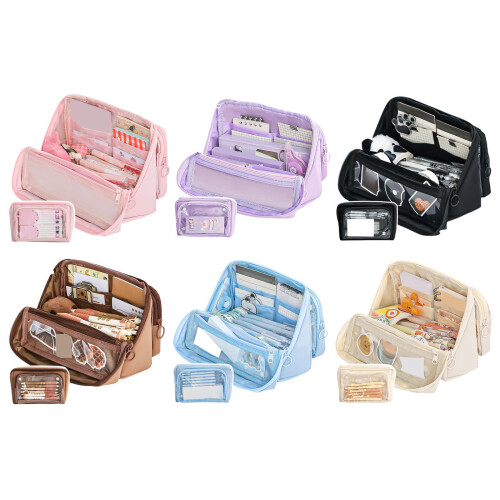 Multi Layered Pencil Case with Handle High-Coffee color 2