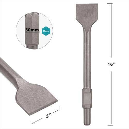 Cinzel hexagonal de 1-3/16 polegadas para desbaste, cinzel de aço de 3 x 16 polegadas para remoção de azulejos, para martelo demolidor elétrico. 1