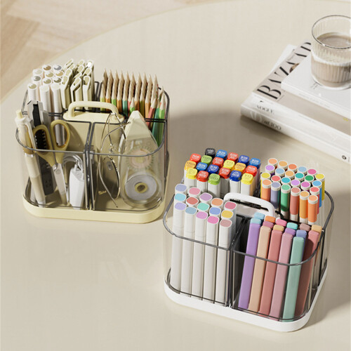 4 Compartments Pencil Storage Box with Handle Desk-Creamy 2