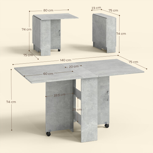 Homcom HOMCOM Mobile Drop Leaf Dining Table Folding Desk w/ 2 Wheels Cement Grey 2