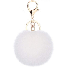 Sleutelhanger met pompon van imitatiekonijnenbont, 8 cm grote pluizige bal met gevlochten leren ketting en zilverkleurige sleutelring, geurloos,