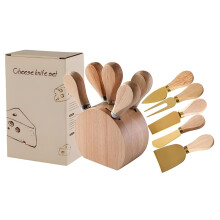 6 Piece Cheese Knife Set with Wooden Holder, Stainless Steel Blades, Wood Handles, Gold, Party and Wedding