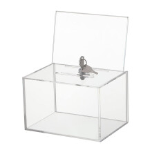 Caja de donaciones acrílica multifuncional con mecanismo de cierre seguro y soporte para letreros, ideal para campañas de recaudación de fondos,