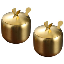 304 Stainless Steel Sugar Bowl with Lid and Spoon, Gold Spice Jar 430ml Set of 2 for Kitchen