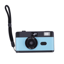 35mm Reusable Film Camera with Flash and Color Film, Vintage 28mm Lens Retro Point and Shoot Black Blue
