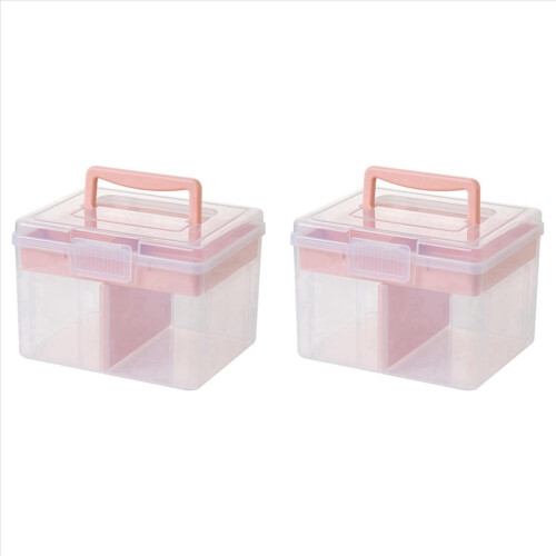 2X Clear Craft Stackable Storage Box with Storage Tray Plastic Multipurpose Storage Container Portable Travel Case, Pink