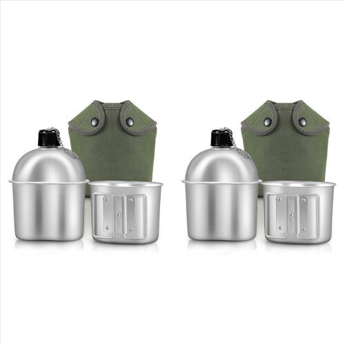 Conjunto de 2 cantis portáteis para camping e trilhas, incluindo caneca e garrafa de água com alça.