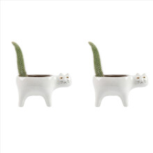 2x schattige kat keramische tuinbloempot met dierenafbeelding, cactus, plantenbak, plantenbak, wit