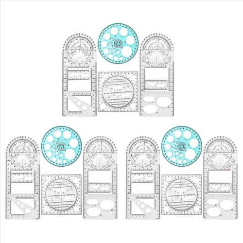 12 Pcs Multifunctional Geometric Ruler Drawing Tools Plastic Ruler Set Mathematics Measuring Circle Drawing Rulers