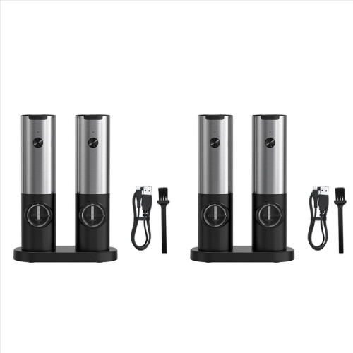 Conjunto de 4 moedores elétricos recarregáveis de sal e pimenta com base de carregamento dupla, cabo USB e moedor automático de sal e pimenta.