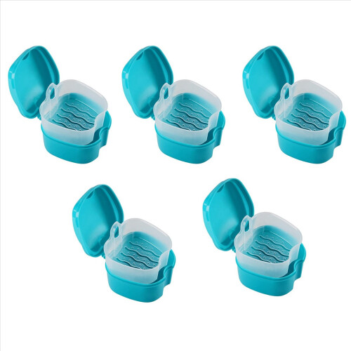 5X Blue Denture Case, Denture Cup with Strainer, Denture Bath Box False Teeth Box with Basket Net Container Holder