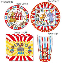 (Set 44pcs) Circus Carnival Birthday Party Supplies Set Plates Cups Napkins Tablecloth Balloons Banner For Animals Themed Party Decorations