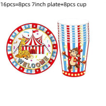 (Set 16pcs) Circus Carnival Birthday Party Supplies Set Plates Cups Napkins Tablecloth Balloons Banner For Animals Themed Party Decorations