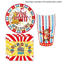 (Set 36pcs) Circus Carnival Birthday Party Supplies Set Plates Cups Napkins Tablecloth Balloons Banner For Animals Themed Party Decorations