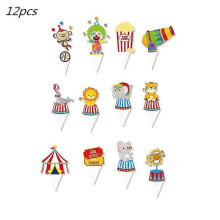 (Cake Topper 12pcs) Circus Carnival Birthday Party Supplies Set Plates Cups Napkins Tablecloth Balloons Banner For Animals Themed Party Decorations