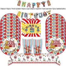 (Set 54pcs) Circus Carnival Birthday Party Supplies Set Plates Cups Napkins Tablecloth Balloons Banner For Animals Themed Party Decorations