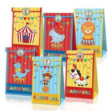 (Candy Bag 12pcs) Circus Carnival Birthday Party Supplies Set Plates Cups Napkins Tablecloth Balloons Banner For Animals Themed Party Decorations