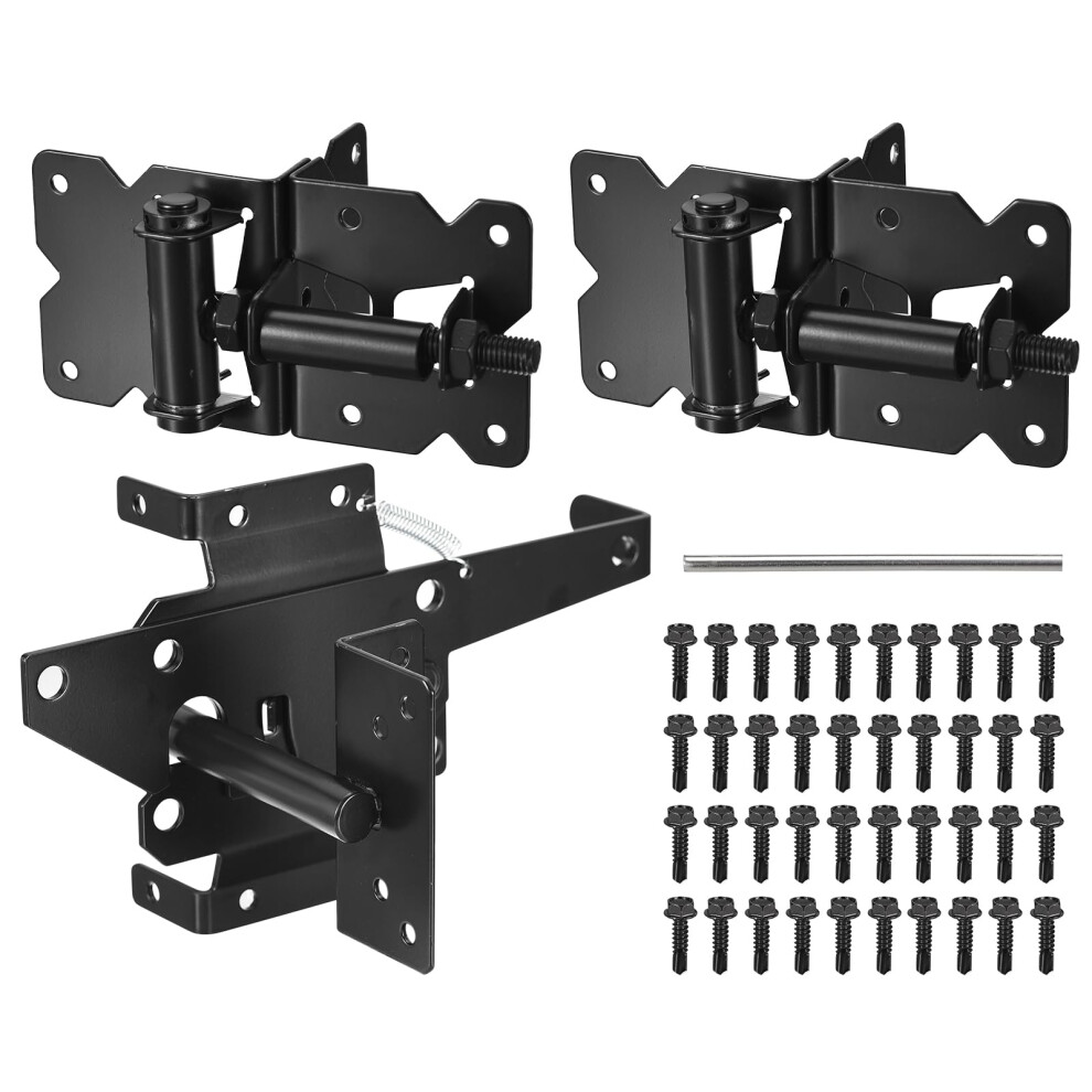 2Pcs Self Closing Gate Hinges And Gate Latch Hardware Kit For Wooden Or Vinyl Fence, Heavy Duty Adjustable Black 9001264103323