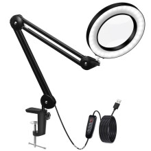 Bureauvergrootglas, flexibele extra lange metalen arm en lenskap, LED-bureaulamp met hoge helderheid en traploze dimfunctie, voorzien van echt