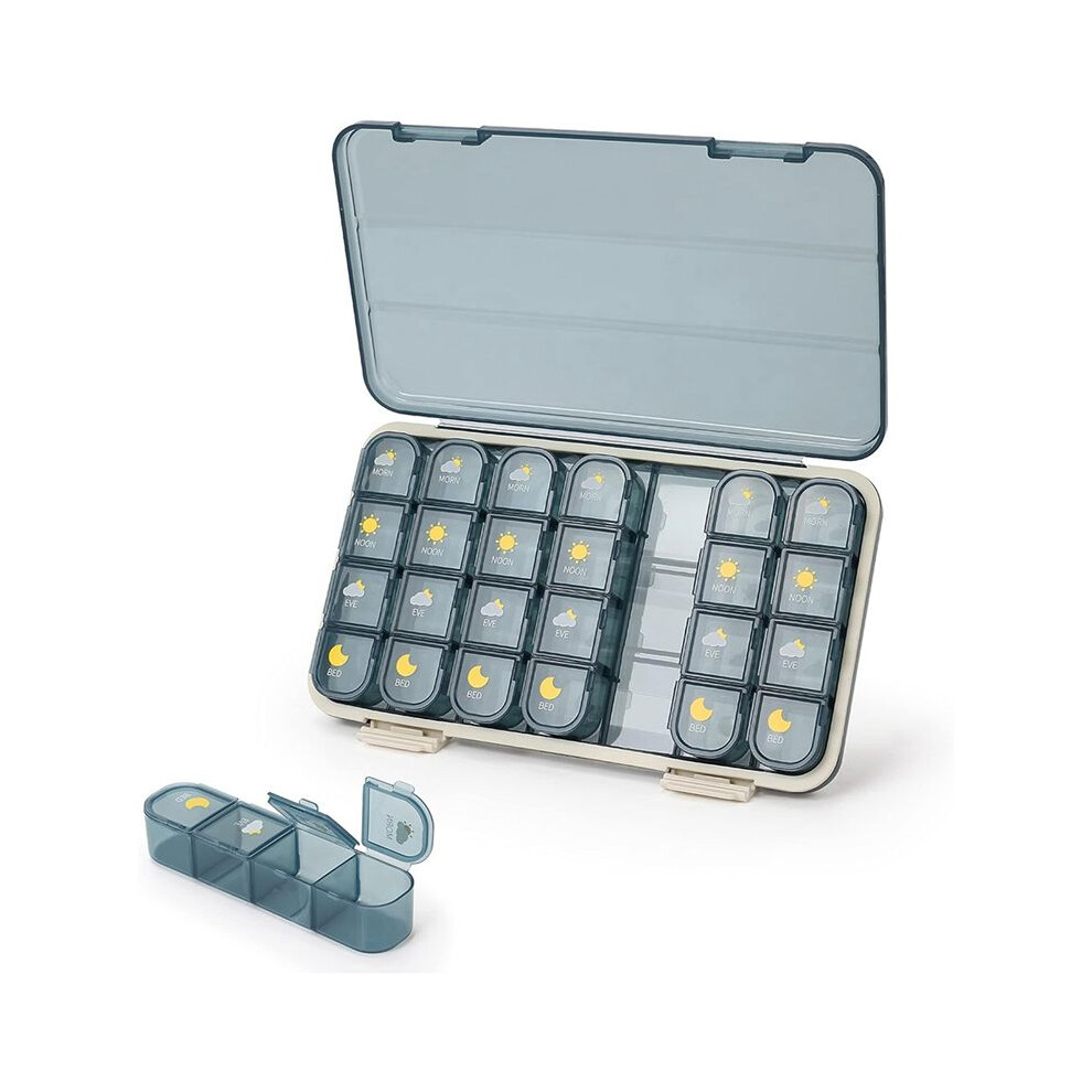 Pill Organizer 4 Times A Day, 7 Day Box - Weekly Medicine with Separate Case, Blue