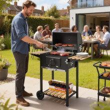 Outsunny Charcoal BBQ Grill with Warming Rack 3 Shelves Temperature Gauge