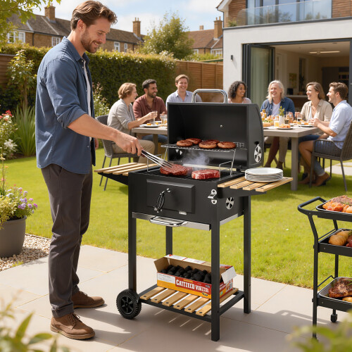 Outsunny Charcoal BBQ Grill with Warming Rack 3 Shelves Temperature Gauge