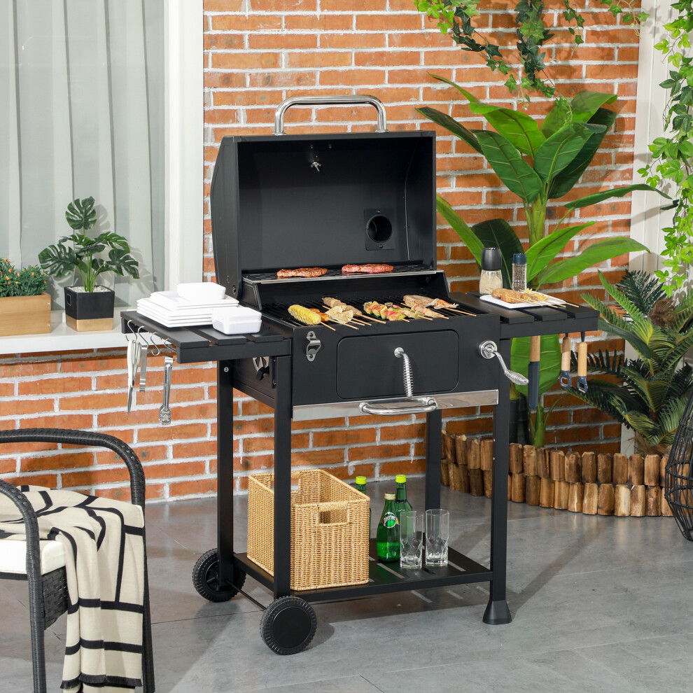 Outsunny Charcoal Bbq Grill Smoker Trolley With Shelves, Bottle Opener And Wheels