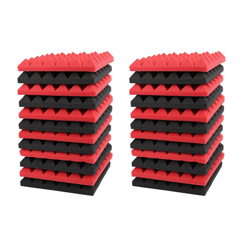 24 placas de espuma acústica cor carvão para isolamento acústico de estúdio, 2 x 10 polegadas (preto + vermelho)
