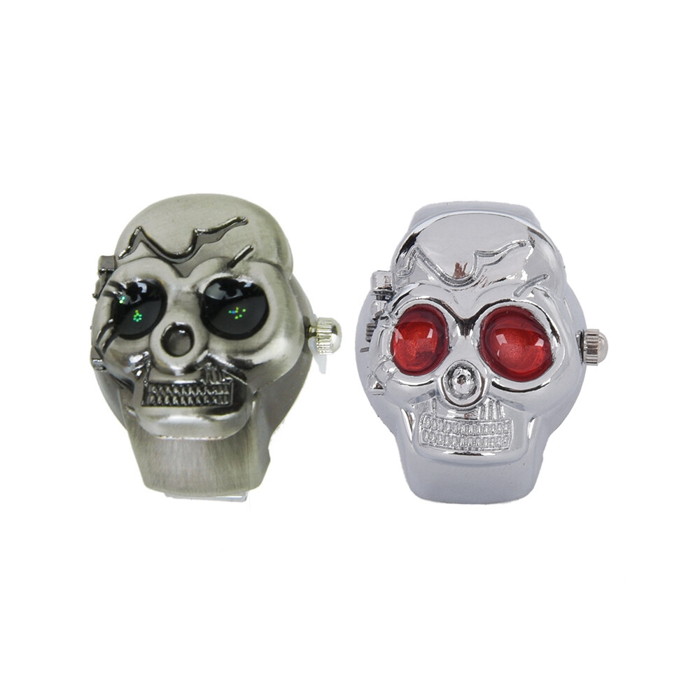 Eyes Skull Design Stretchy Band Quartz Ring Watch For Lady Men & Flip-Up Skull Cover Finger Ring Watch Red/Bronze 4713341940763