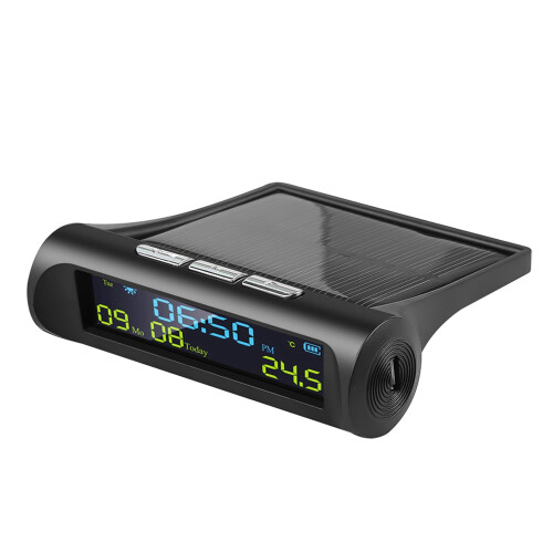 Relógio digital solar para carro com visor LCD para hora, data e temperatura, ideal para decoração externa e pessoal.