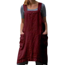 Schort met gekruiste rug, lichtgewicht katoen-linnenmix schort zonder strikjes, met grote zakken, ademende stof, keukenschort voor koken en bakken.