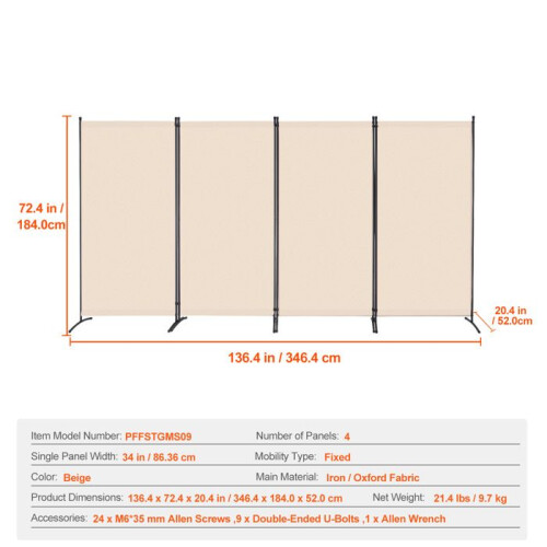 Scheidingswand - DUOKU - Opvouwbaar Scherm - 4 Panelen - Beige - Binnen 1