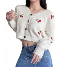 (M, White) Women Knit Cardigan Long Sleeve With Cherry Embroidery Button Down