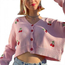 (M, Pink) Women Knit Cardigan Long Sleeve With Cherry Embroidery Button Down