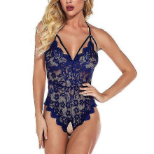 (XL, blue) Women Sexy Nightwear Crotchless Bodysuit Costume Lace Lingerie See-Through Open Back NightgownZZ46