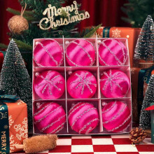 (Pink) 9pcs 8cm Christmas Silk Ball Christmas Tree Pendant Decor