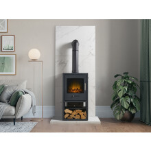 Acantha Tile & Hearth Set in White Marble Effect with Bergen XL Stove & Tall Angled Pipe