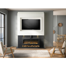 Acantha Pre-Built Black Marble Effect Media Wall 3 with Vision Electric Media Stove & Log Store in Black