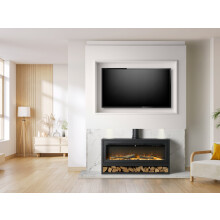 Acantha Pre-Built White Marble Effect Media Wall 3 with Vision Electric Media Stove & Log Store in Black