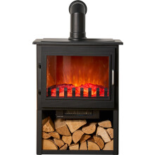 Sureflame Marlow 3-Sided Electric Stove with Log Storage in Black & Angled Stove Pipe