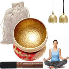 Handgefertigte tibetische Klangschale, 8 cm Meditationsschale mit Holzklöppel, Seidenkissen und Glockenanhänger, tibetische Klangschalen